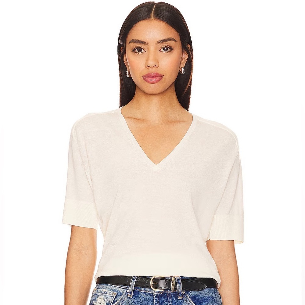 Anine Bing Aria Wool Cashmere V Neck Knit Short Sleeve Sweater Top Ivory Cream